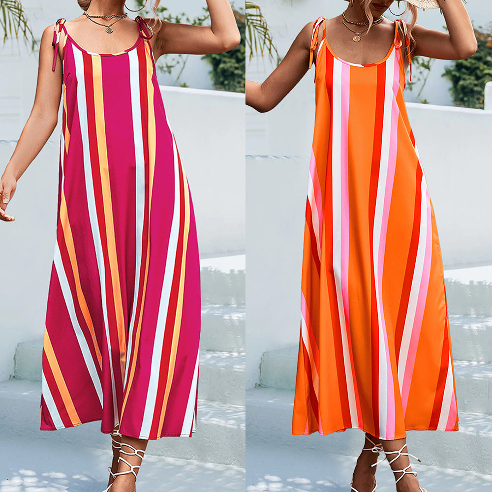 Four Sided Elastic Striped Long Skirt